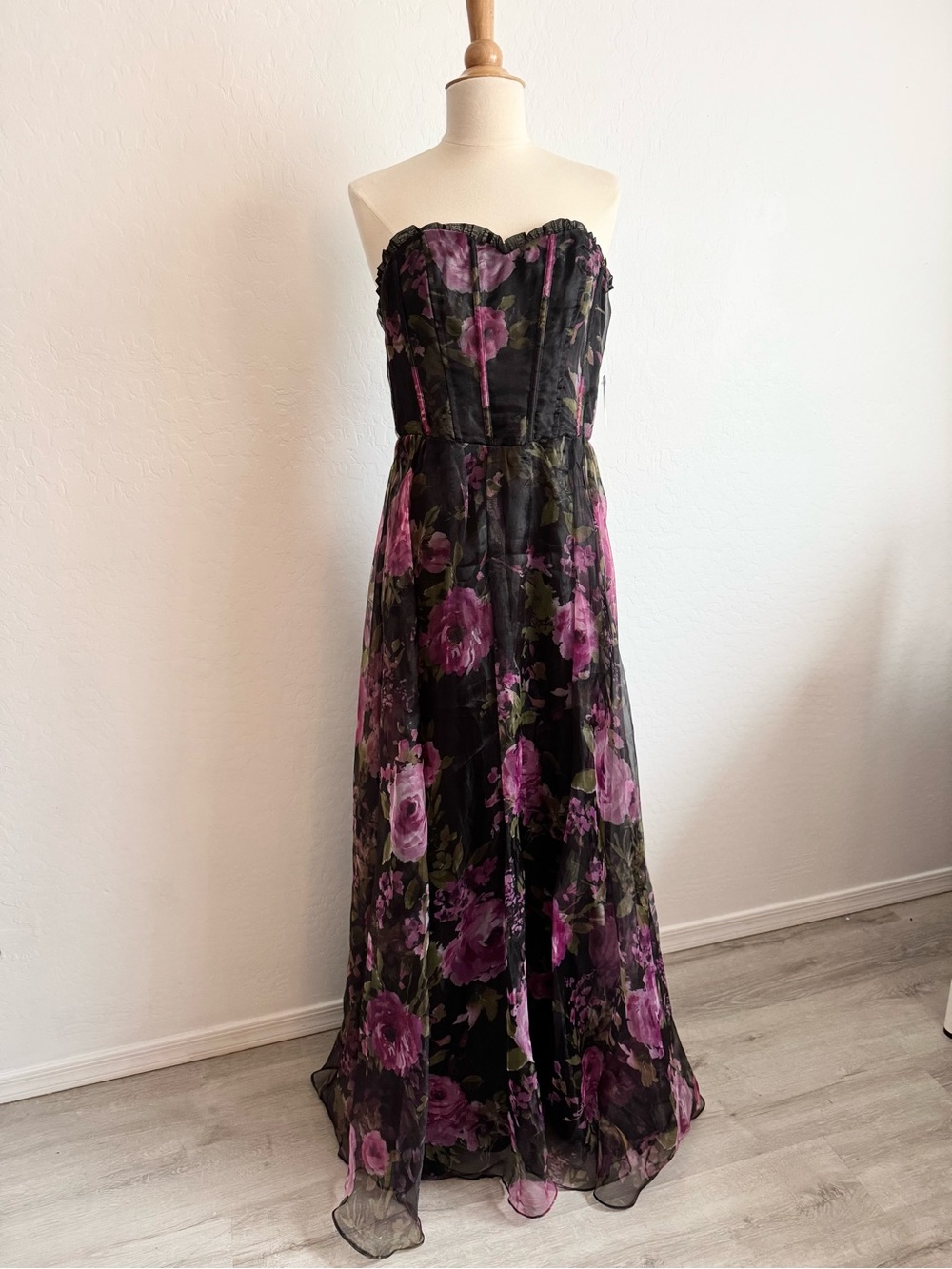 Lulu's Black Strapless Floral Chiffon Gown w/ Purple Roses needs 2 easy repairs - Picture 2 of 13